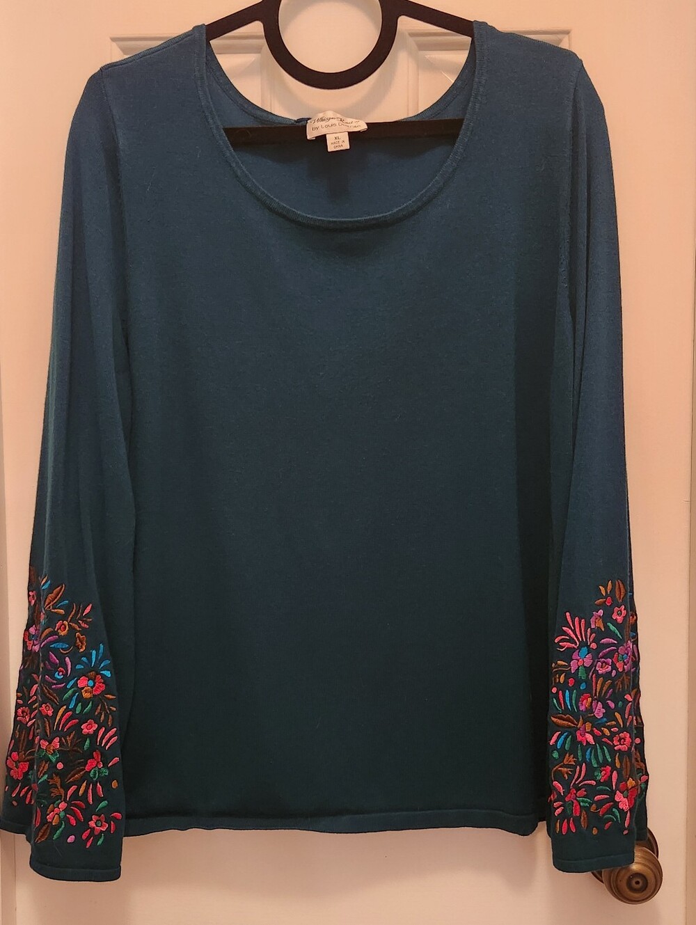 Womens Deep Peacock Blue Pullover With Colorful Embroidered Sleeves - Size XL